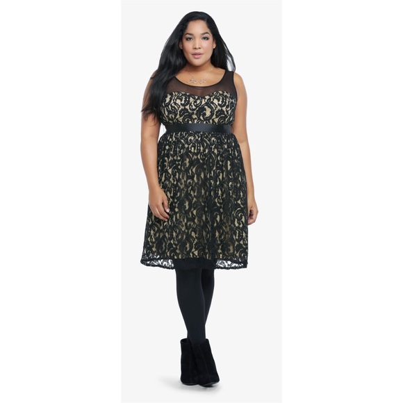torrid Dresses & Skirts - {22} Torrid Black Lace & Mesh Gold Overlay Dress